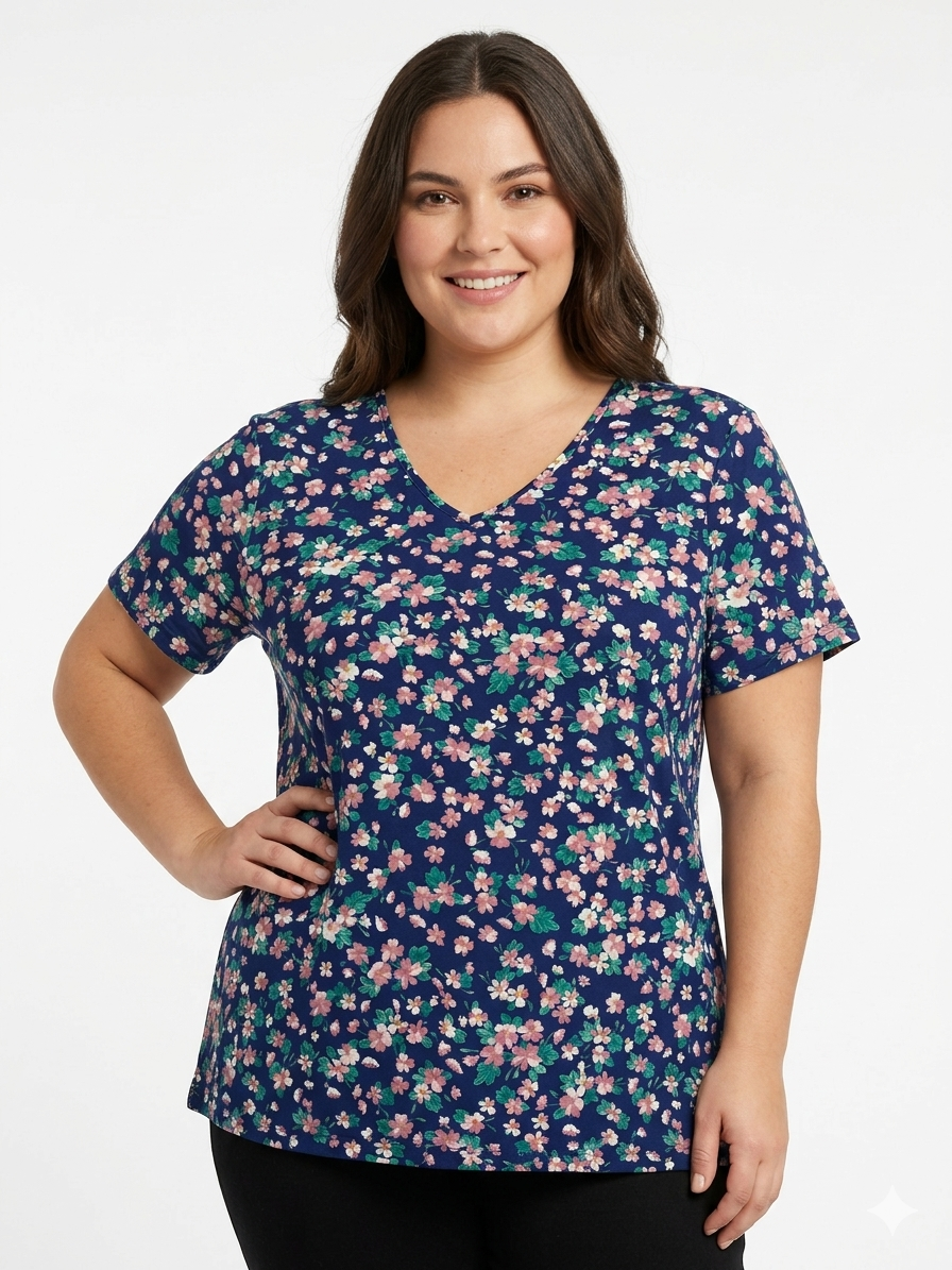 Tops Azul Marino Tallas Grandes con Flores para Mujer
