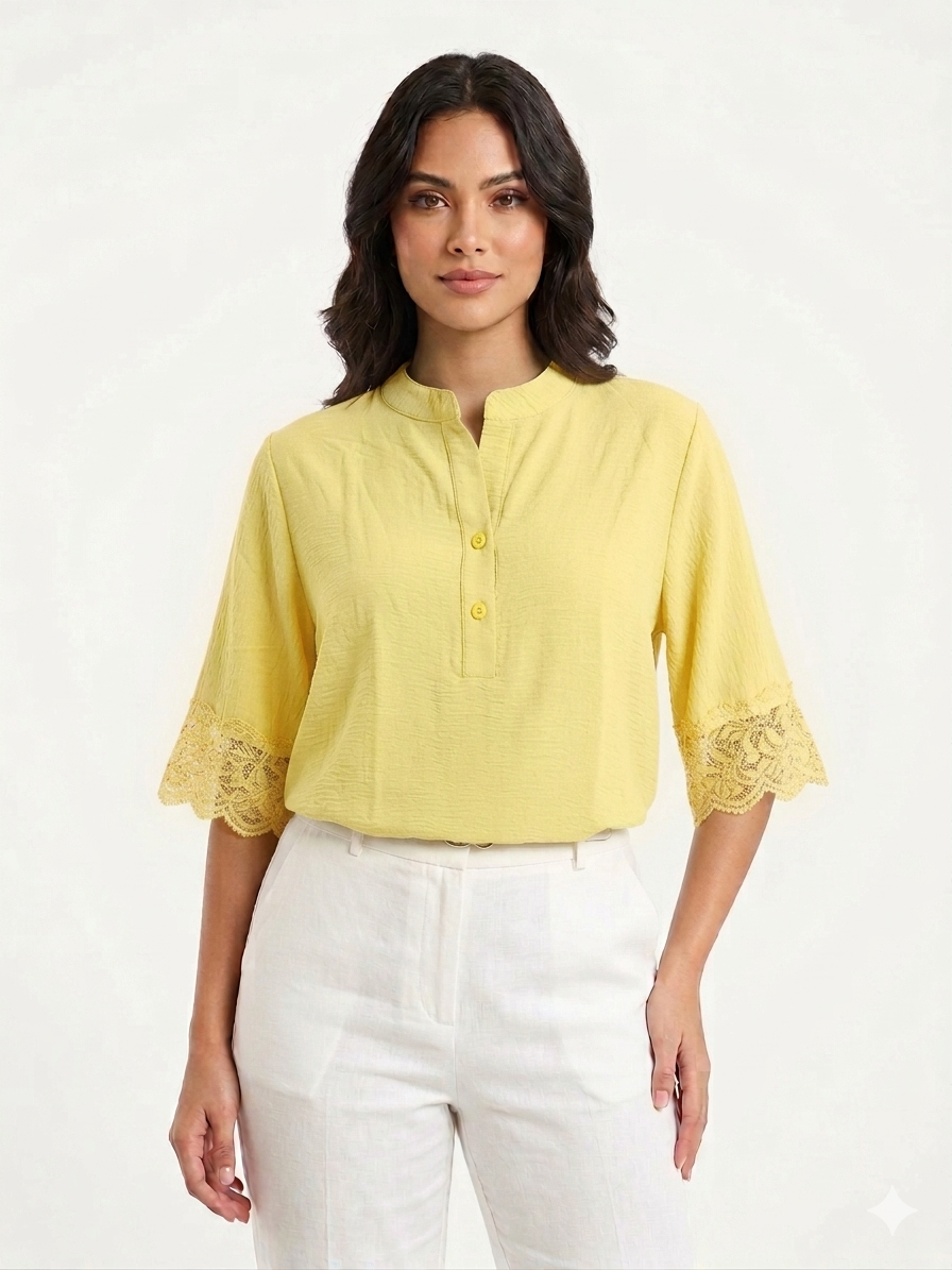 Blusa de mujer Air Flow, Henley de 2 botones amarilla - Liz & Lilli