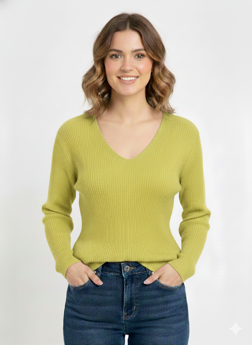 Ladies Solid Sweater Ribbed Neck Green  - Liz & Lilli
