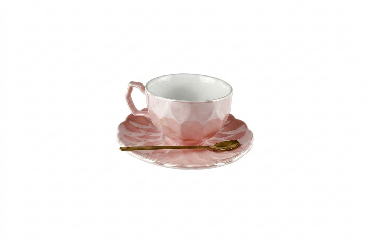 Taza con plato y cuchara (rosa)