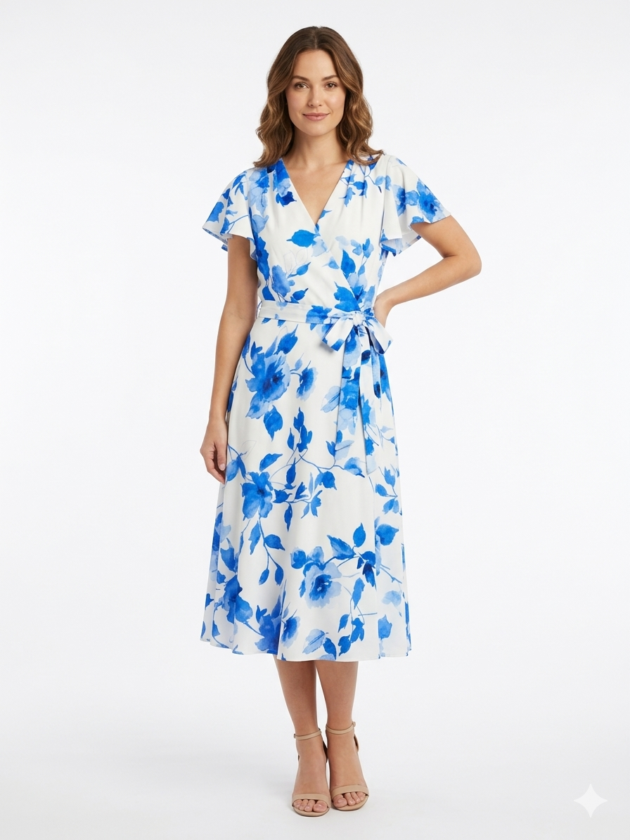 Vestido Flutter marfil/azul - Shelby y Palmer
