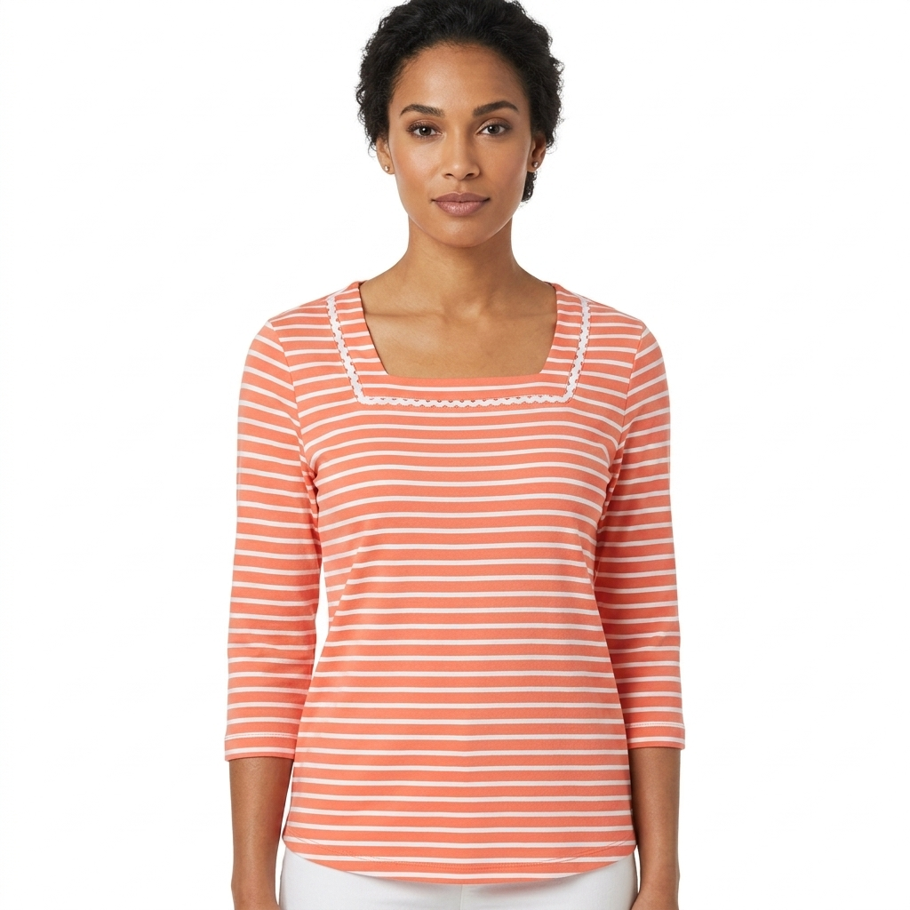 Camiseta con cuello cuadrado, manga campana 3/4 y ribete de punto a rayas en naranja Chattanooga - Ruby Rd