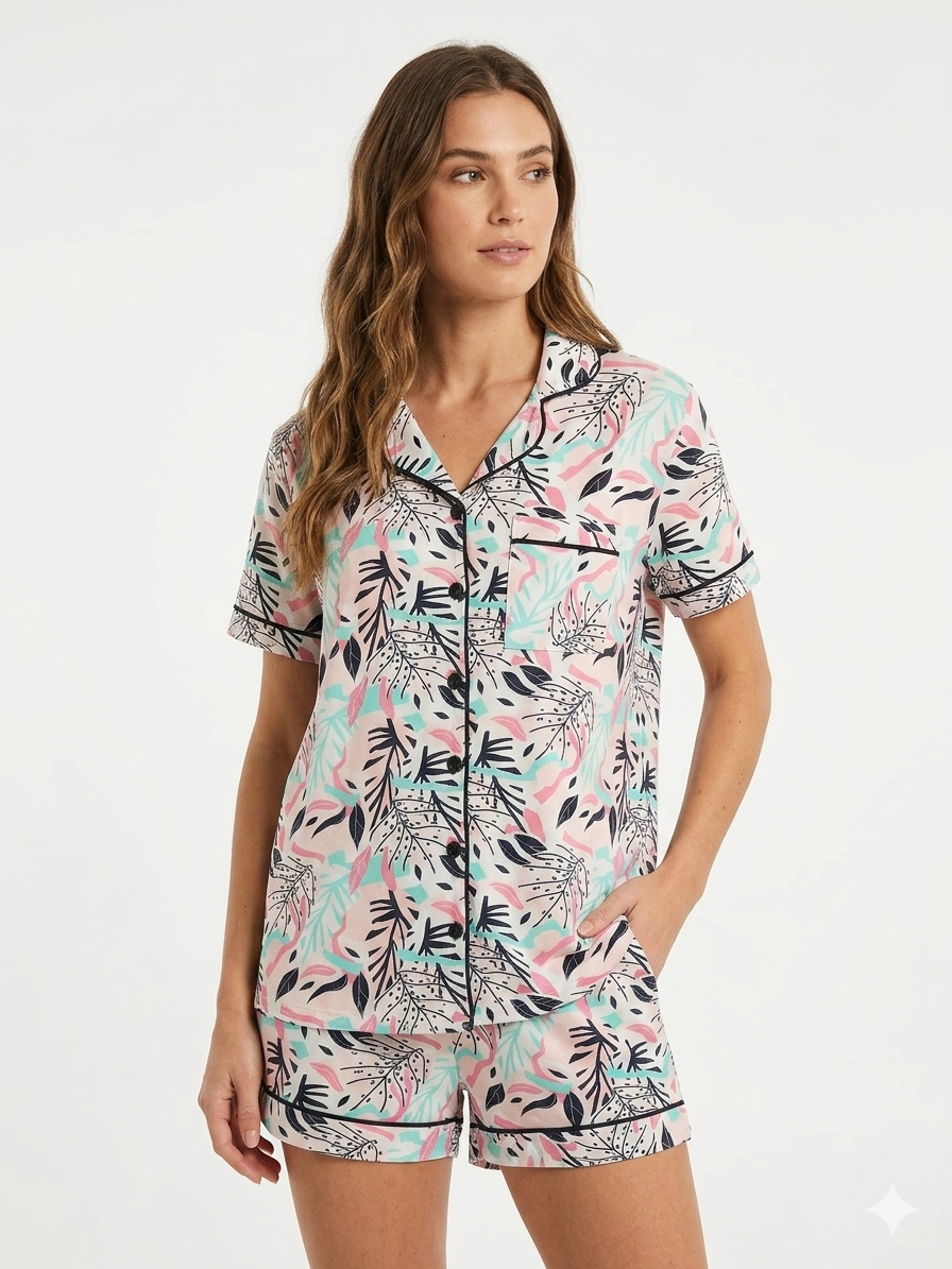 Conjunto de 2 piezas, pantalón corto, cuello, botones frontales, negro con flores