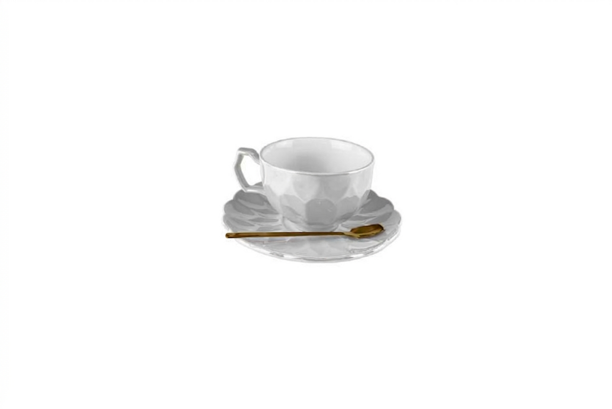 Taza con plato y cuchara grises