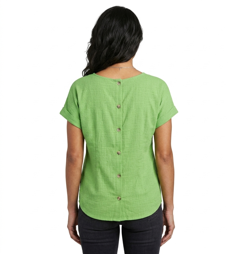 Blusa dolman de manga y cuello redondo con botones decorativos en la parte posterior, diseño de manzana - Ninety
