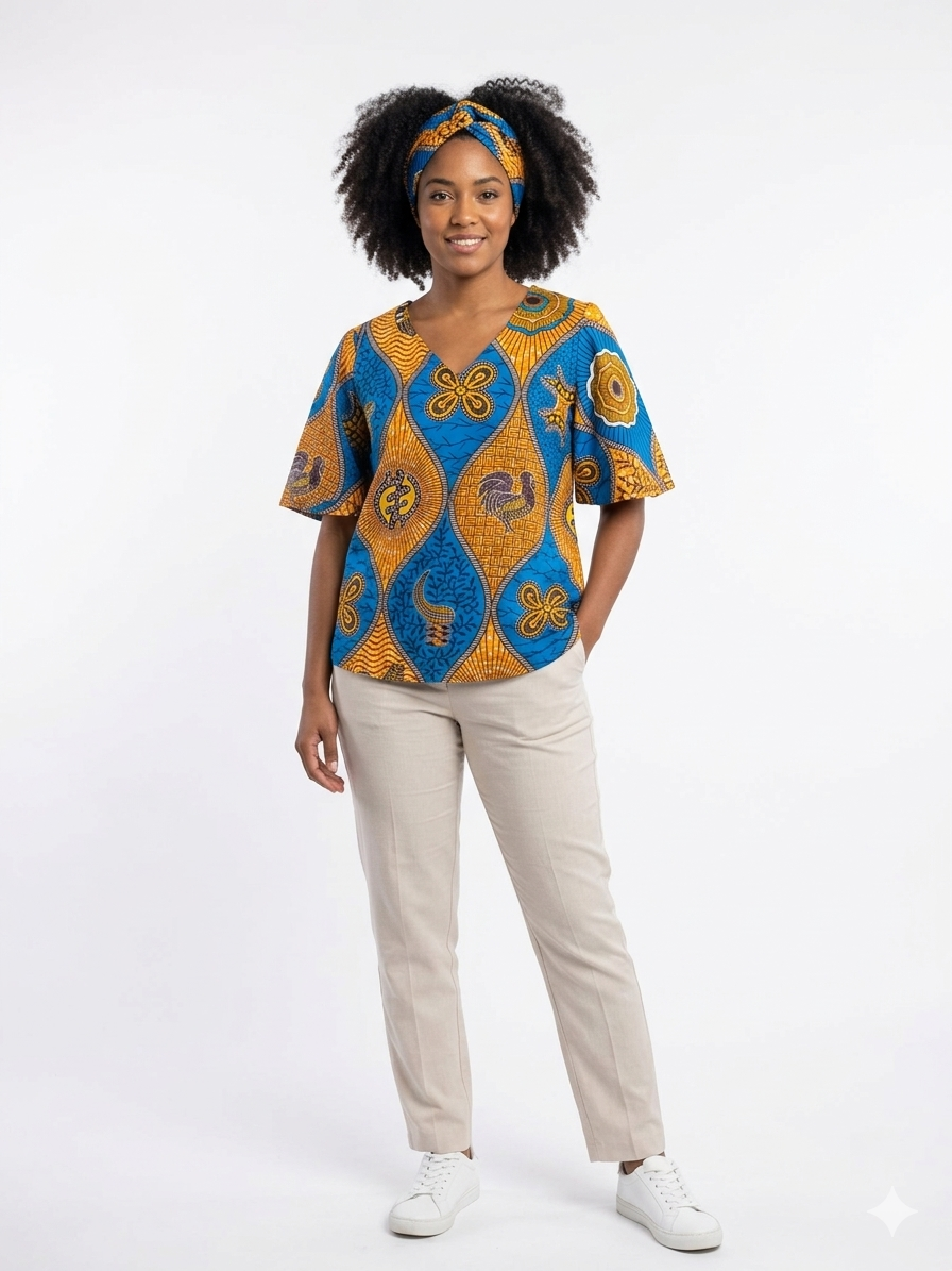 Camisa de Dama Azul-Mostaza (Etnia Negra)