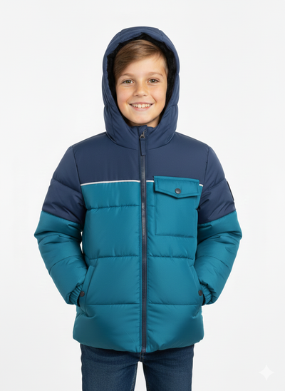 Puffer azul de lona ribeteado con puño extendido