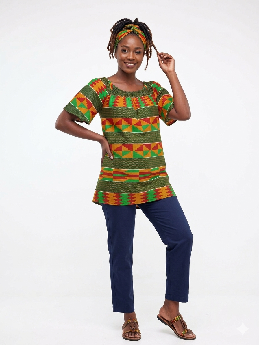 Camisa de mujer verde con rayas rojas, verdes y naranjas (Etnia Negra)