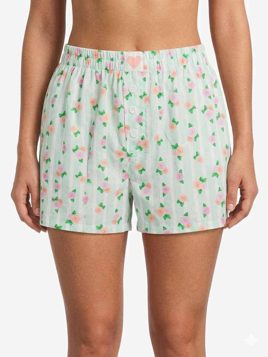 Shorts tejidos de mujer con flores verde claro y parche
