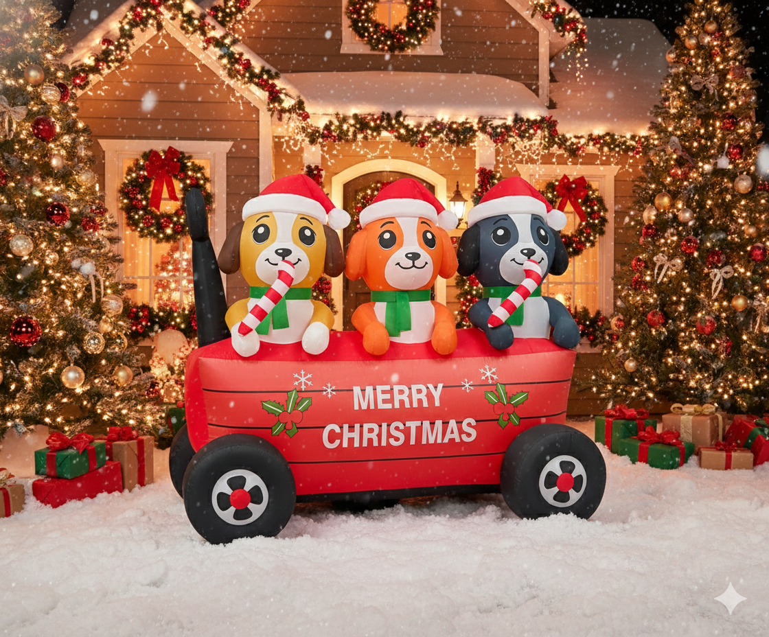 6.4FT Long Inflatable  "Merry Christmas" Decoration with Car and Puppies