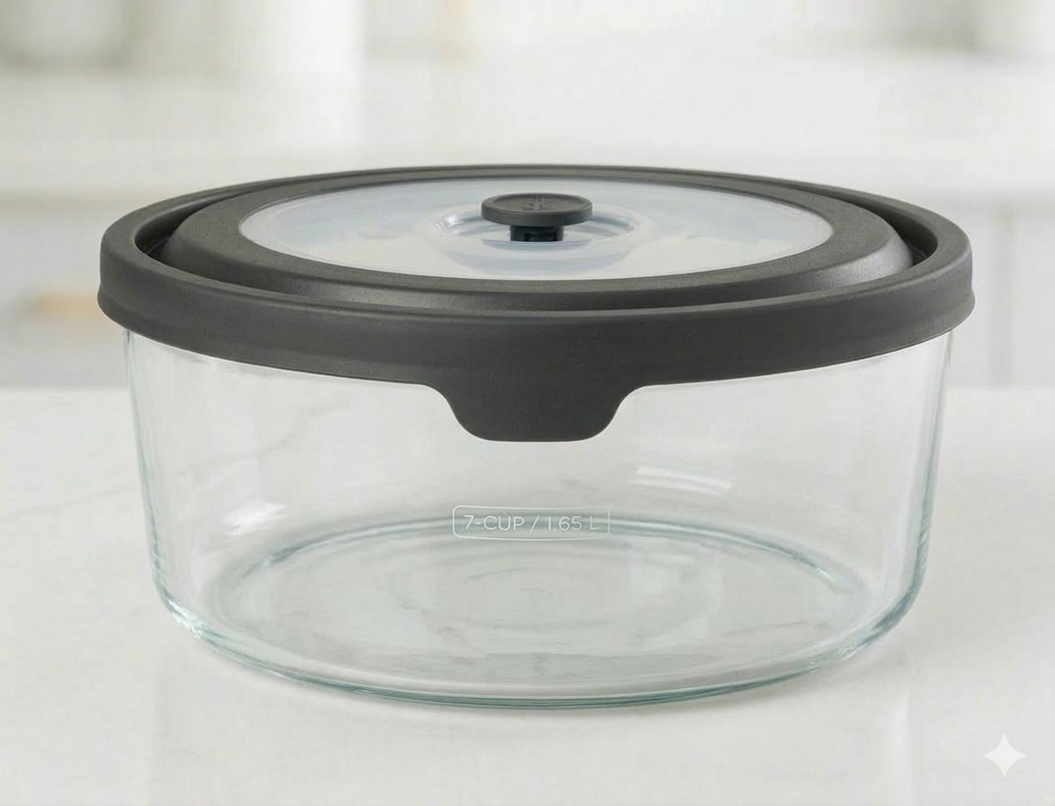 Recipiente redondo para almacenar alimentos de 7 tazas con tapa ventilada transparente/negra