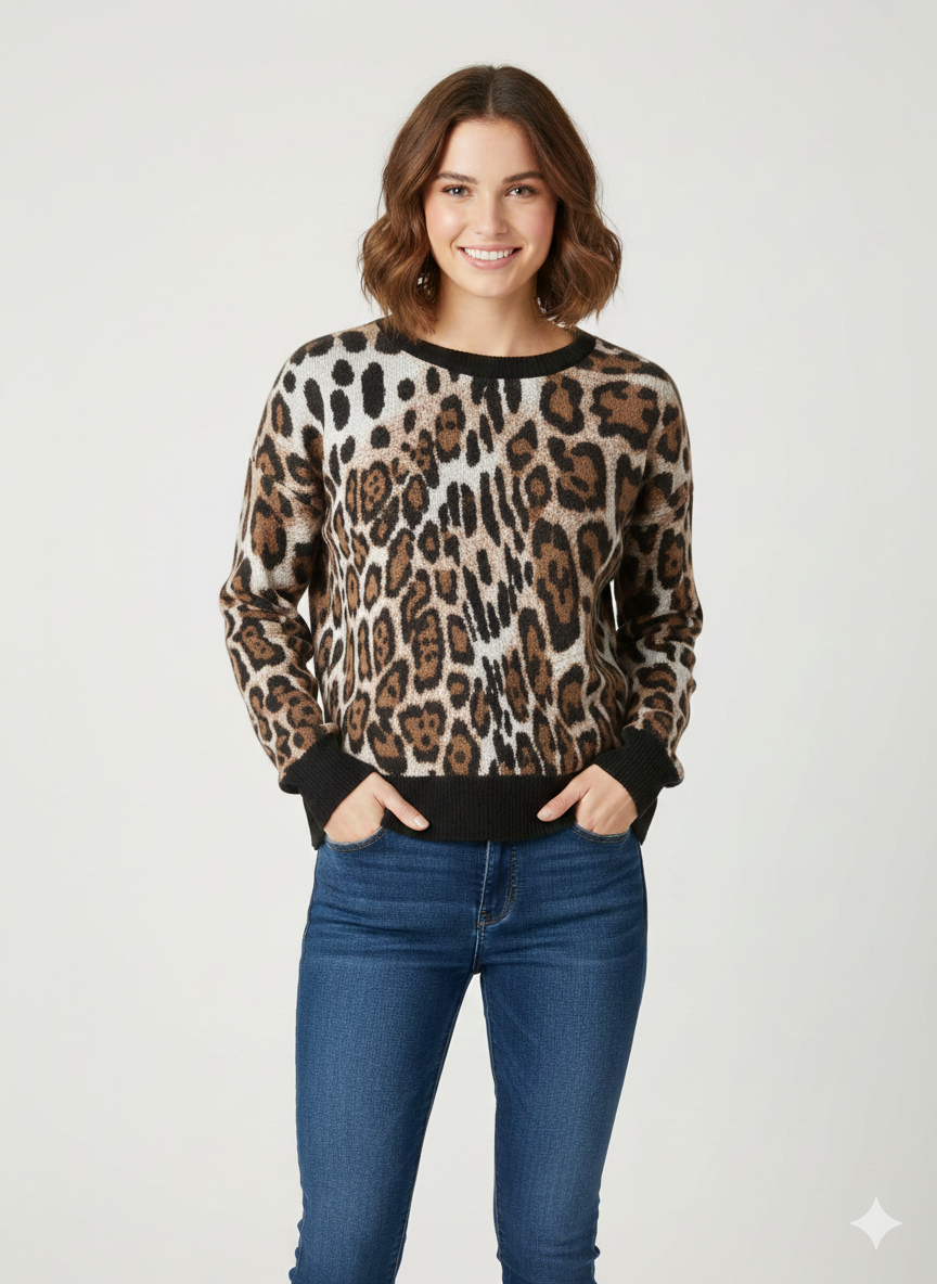 Suéter de mujer con cuello redondo Marrón Leopardo - Liz & Lilli