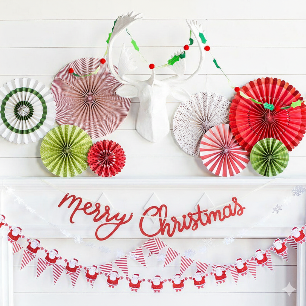 Double-Sided Merry Christmas Party Fans Set of 8