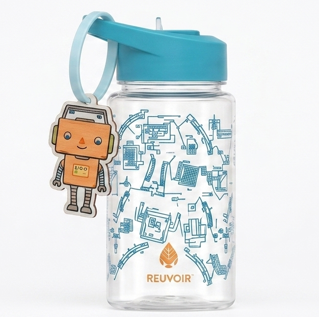 Botella de agua de 15 oz con diseño temático de robot amiguito y correa multicolor