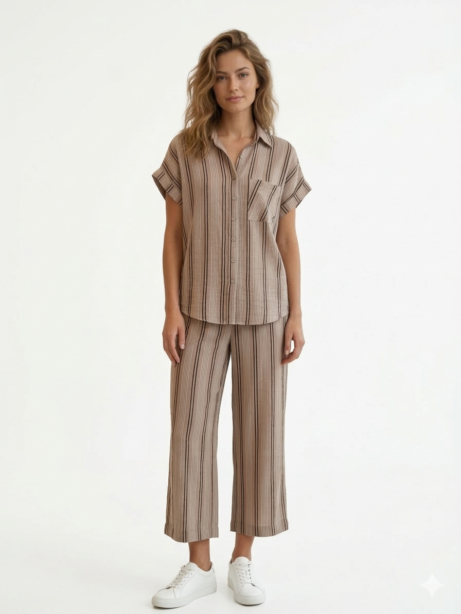 Conjunto de Top y Pantalón de Moda Transpirable para Mujer 2  Crema -Estampado Marrón - Liz & Lilli