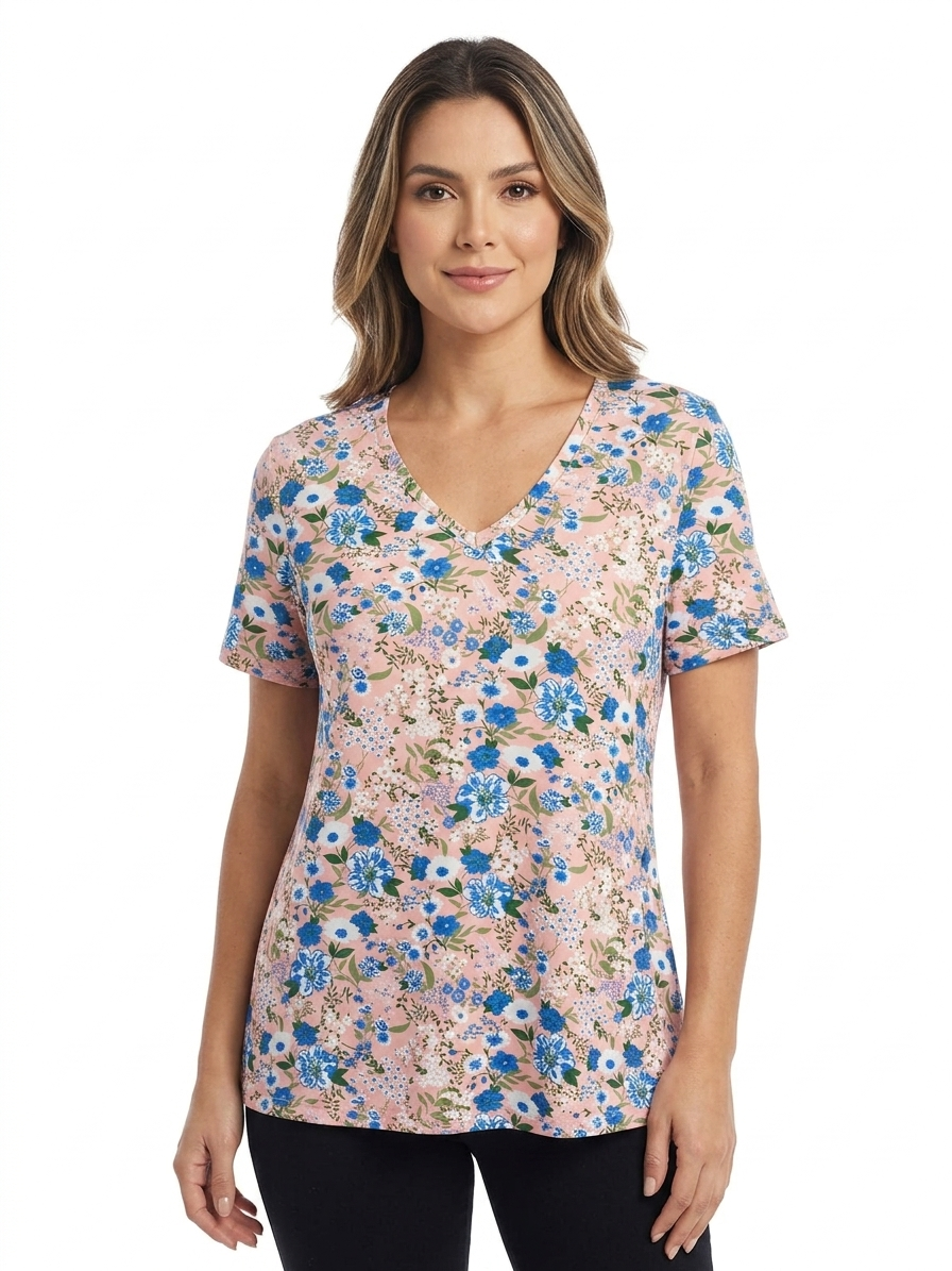 Blusa estampada de mujer rosa con flores azules