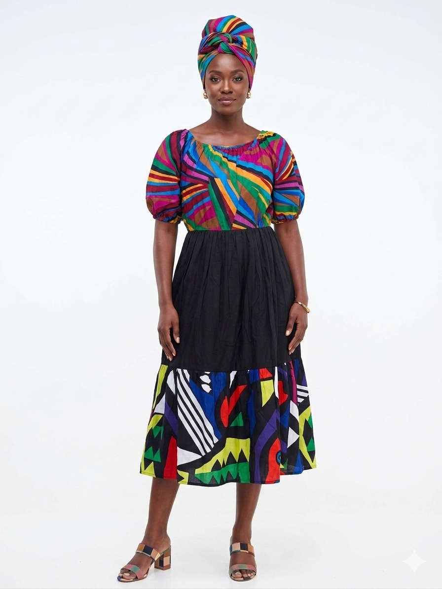 Vestido estampado multicolor azul marino para mujer - Etnia Negra