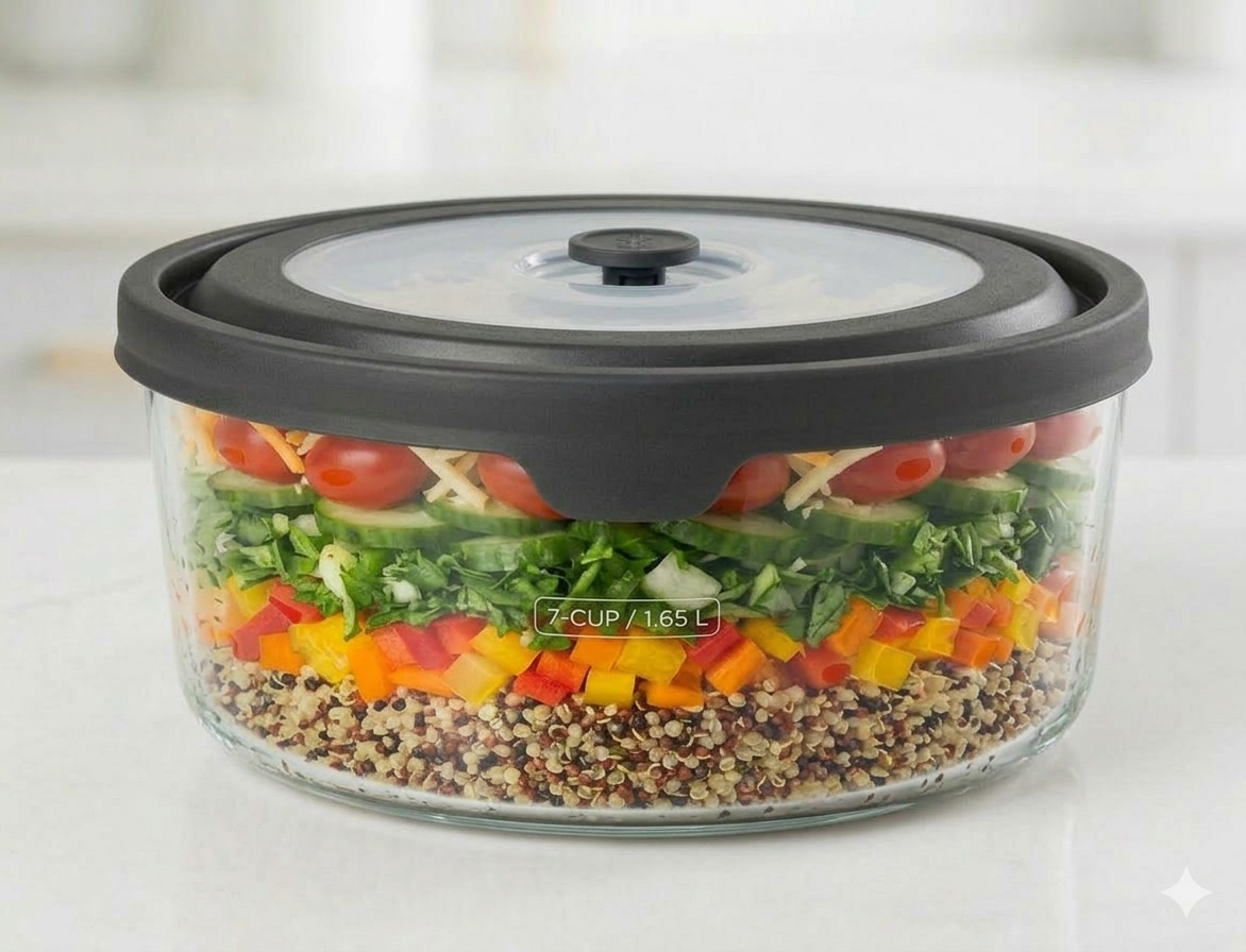 Recipiente redondo para almacenar alimentos de 7 tazas con tapa ventilada transparente/negra