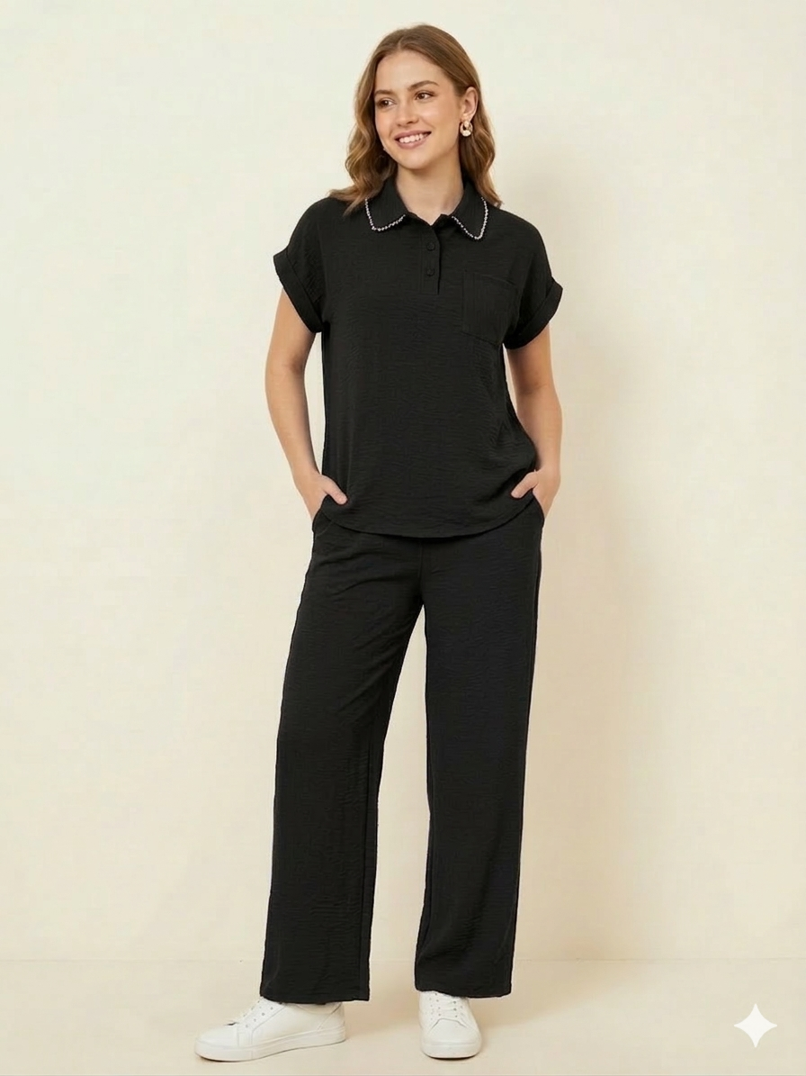 Conjunto de blusa y pantalón Liz & Lilli de moda con ventilación para mujer 2 Negro