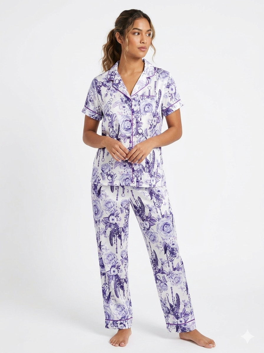 Conjunto de 2 piezas de blusa con cuello con muesca de satén y pantalón estampado, floral / blanco / lavanda