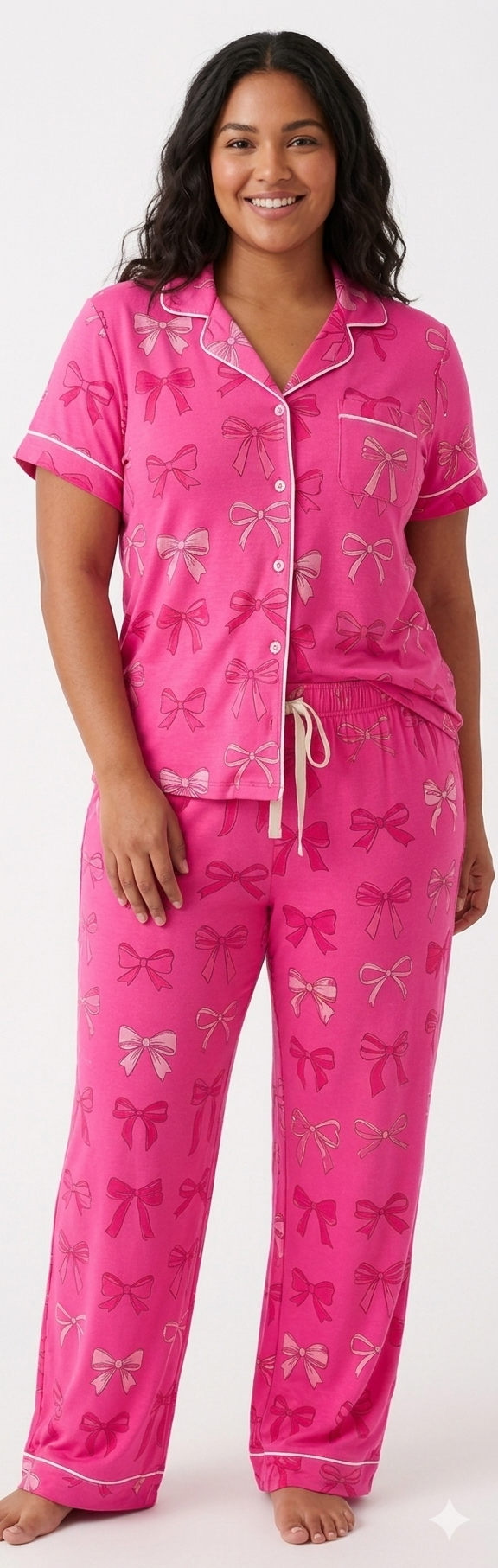 Conjunto de pijama de jersey perchado de 2 piezas talla grande, moños, rosa fuerte