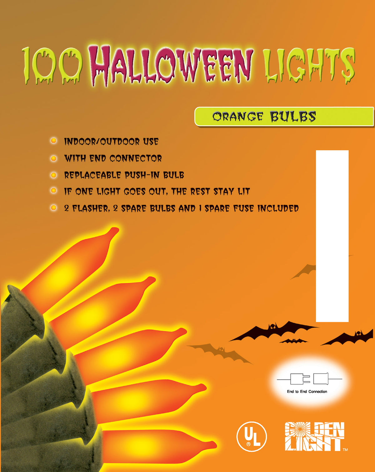Guirnalda de luces UL de 100 unidades para Halloween, cable naranja/negro, en bandeja