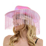 Sombrero de vaquero iridiscente rosa con flecos