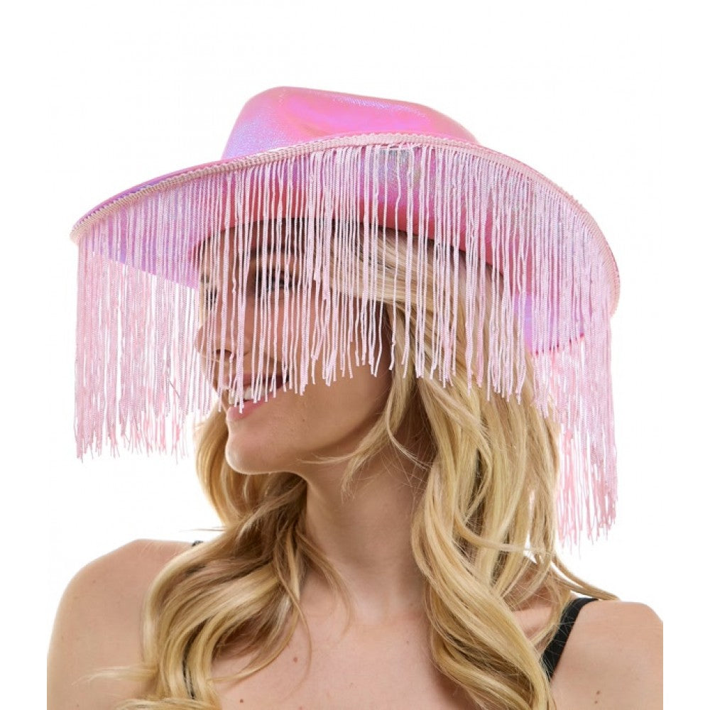 Sombrero de vaquero iridiscente rosa con flecos