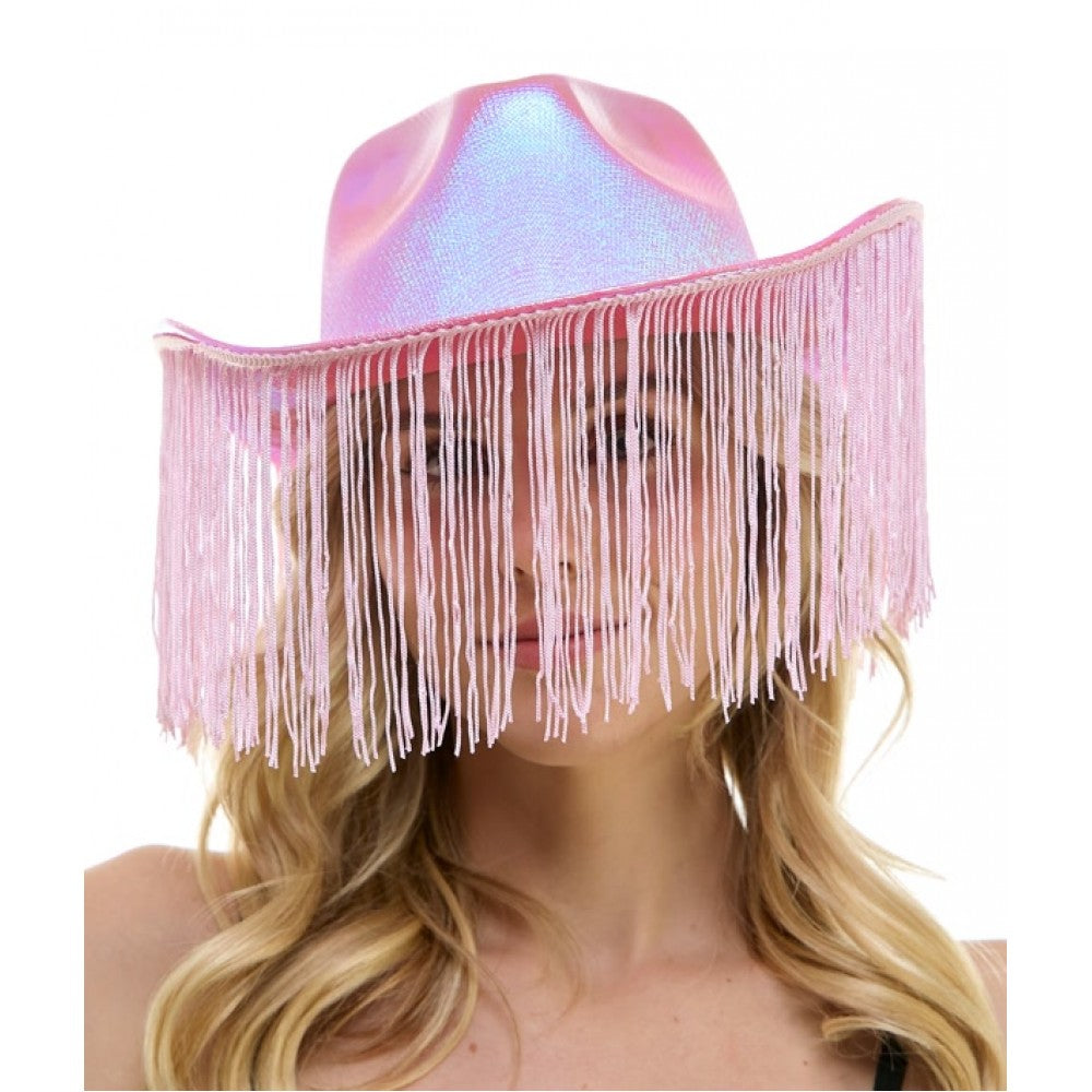 Sombrero de vaquero iridiscente rosa con flecos