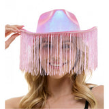 Sombrero de vaquero iridiscente rosa con flecos