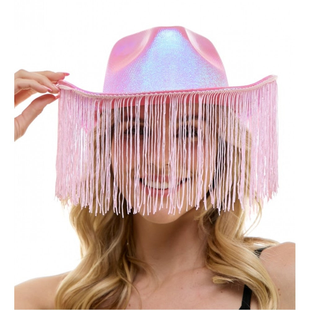 Sombrero de vaquero iridiscente rosa con flecos