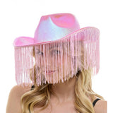Sombrero de vaquero iridiscente rosa con flecos