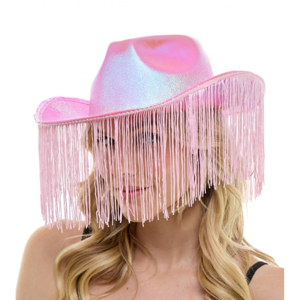 Sombrero de vaquero iridiscente rosa con flecos