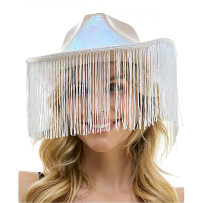 Sombrero de cowboy iridiscente con flecos blancos