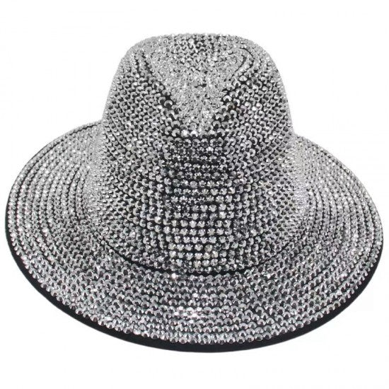 Sombrero de copa plateado con pedrería