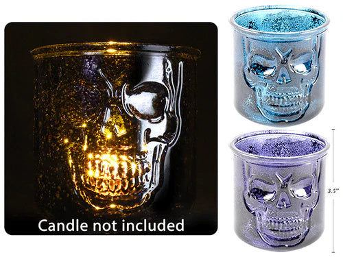 Portavelas de calavera repujado con efecto de cristal roto de Halloween
