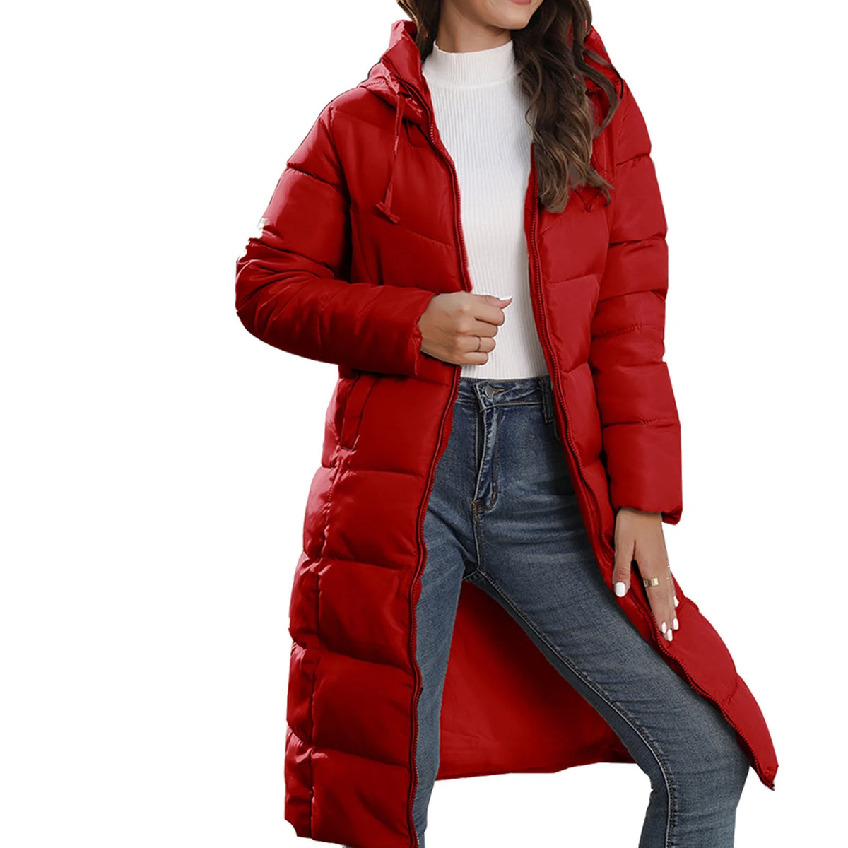 Ruby, abrigo largo acolchado de chevrón negro con capucha, favorecedor, ligero y suave
