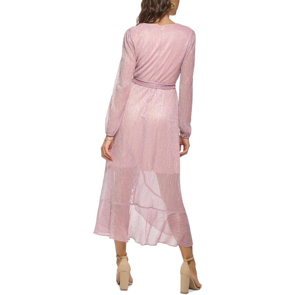 Vestido Metálico Cruzado Manga Larga Rosa - Kensie