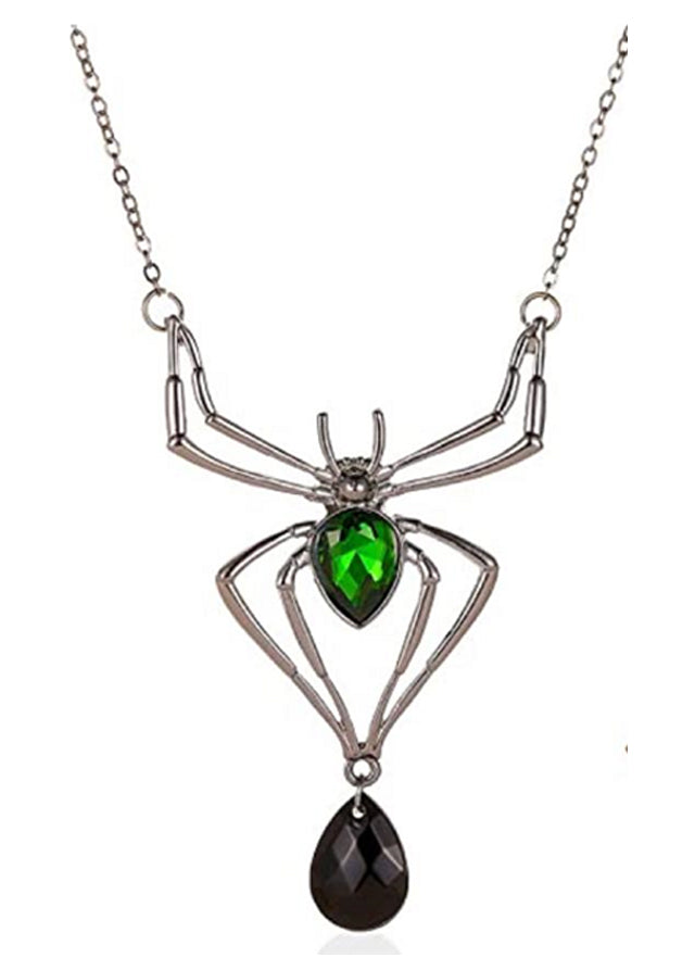 Collar de araña plateado con gemas verdes y negras