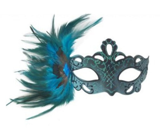 Máscara con pluma de pavo real lateral, oro turquesa