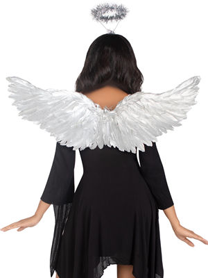 Diadema de alas de ángel metálicas y halo de oropel, 2 piezas, plateado
