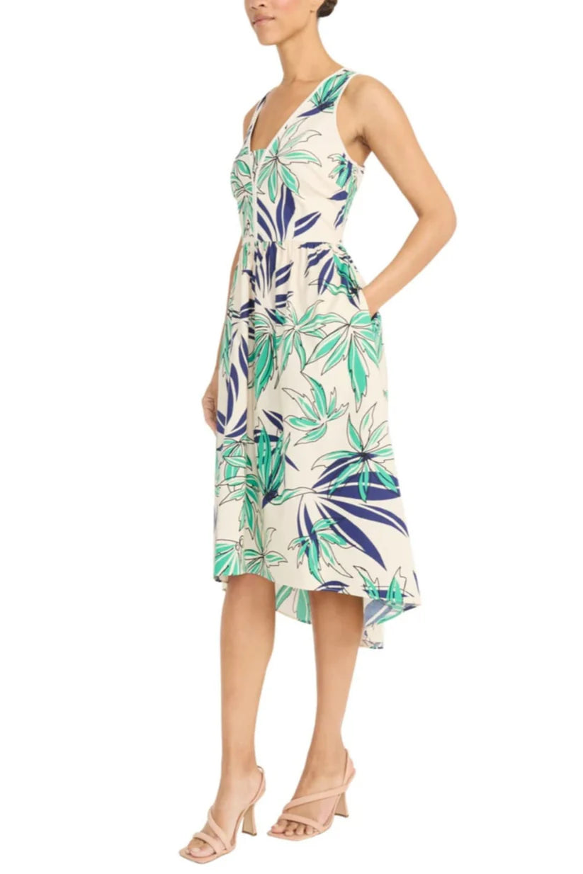 Palm Print Hi-Lo Midi Dress Ivory/Green  - Maggy London