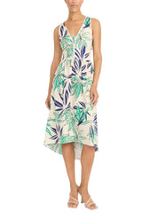 Palm Print Hi-Lo Midi Dress Ivory/Green  - Maggy London