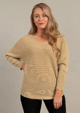 Suéter dolman Lurex con cuello en V Dorado - Ninety Clothing Co