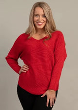 Suéter de lúrex con mangas dolmán y cuello en V, rojo - Ninety Clothing Co