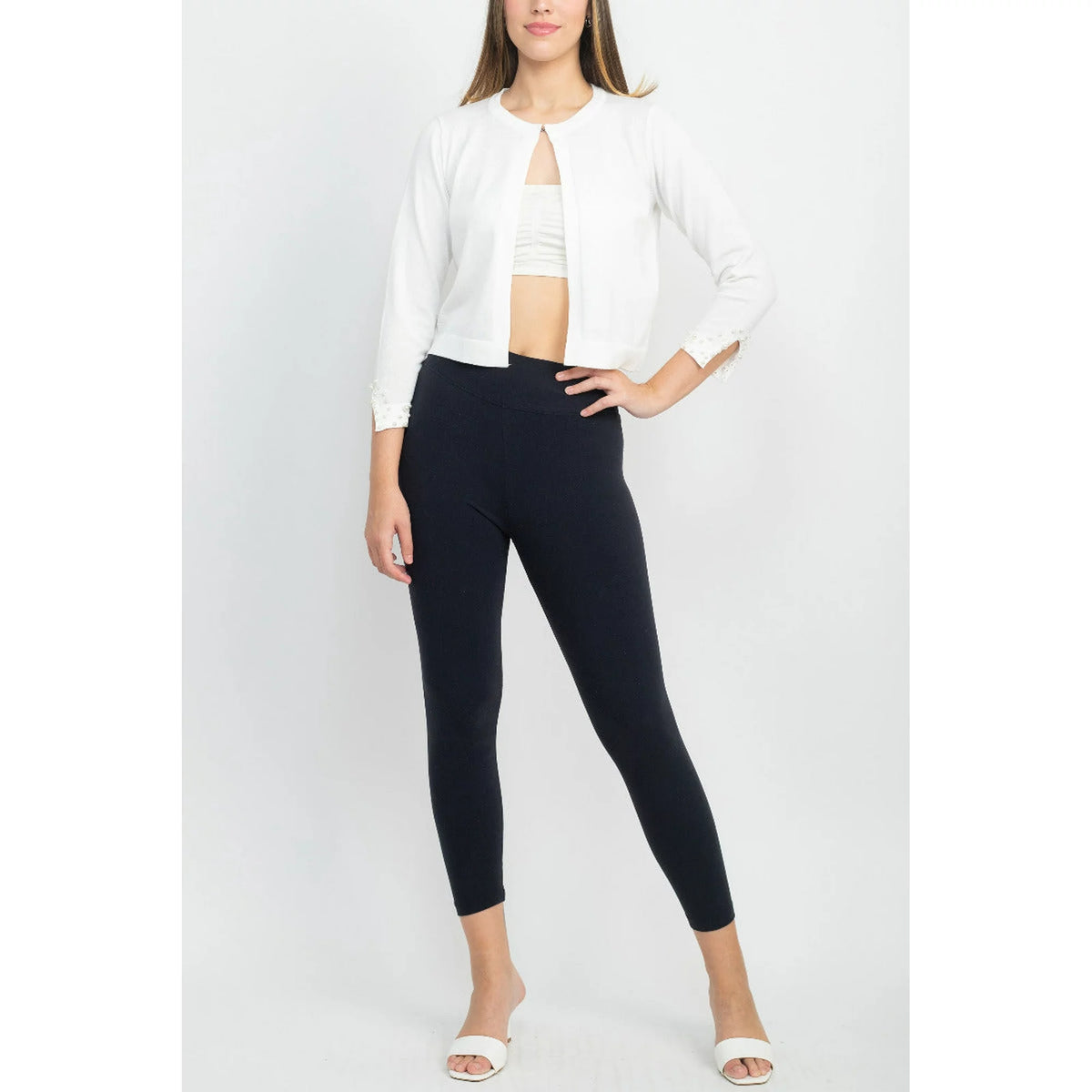 Suéter 3/4 Negro Bolero Manga Hendida con Perlas Marfil - Nina Leonard