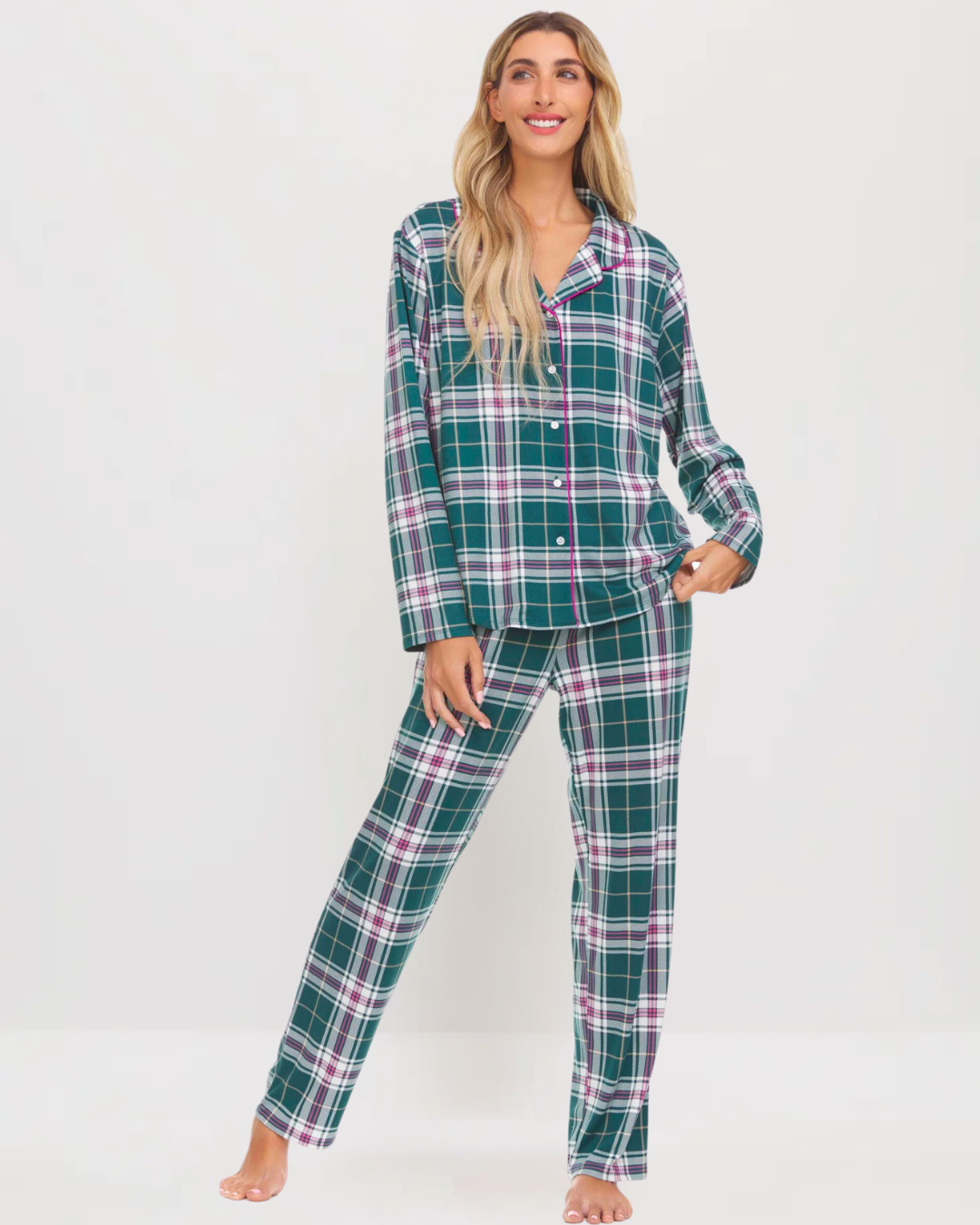 Conjunto de pijama largo con muescas, verde