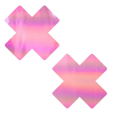 Love Heart Bare Pink Shimmer Holographic X Nipple Pasties  - J Valentine Fabric