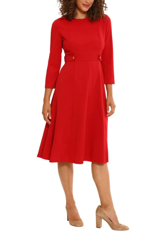 Vestido midi acampanado con ajuste de corte A, manga 3/4, lengüeta lateral con costura, color rojo intenso - London Times