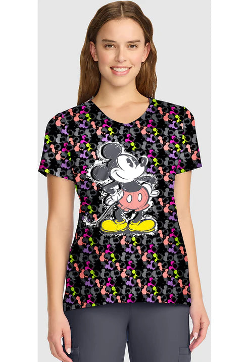 V-Neck Print Scrub Top Iconic Mickey